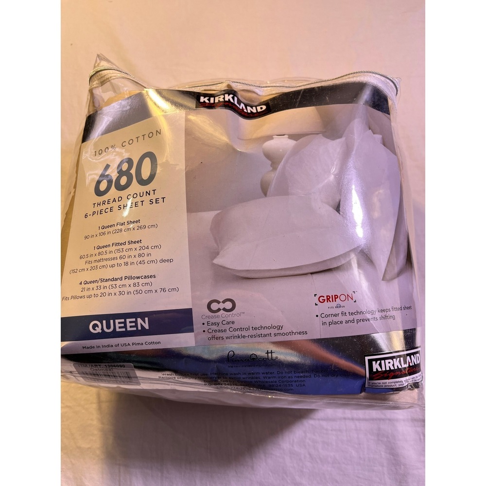Kirkland Signature 6-Piece Sheet Set Queen Oatmeal NEW 680 Thread Count Cotton